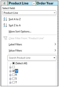 Fig 13 – Filtering the PivotTable to Mountain Bikes