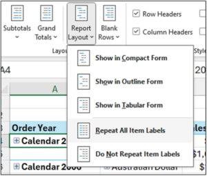 Fig 14 – Repeating PivotTable Item Labels