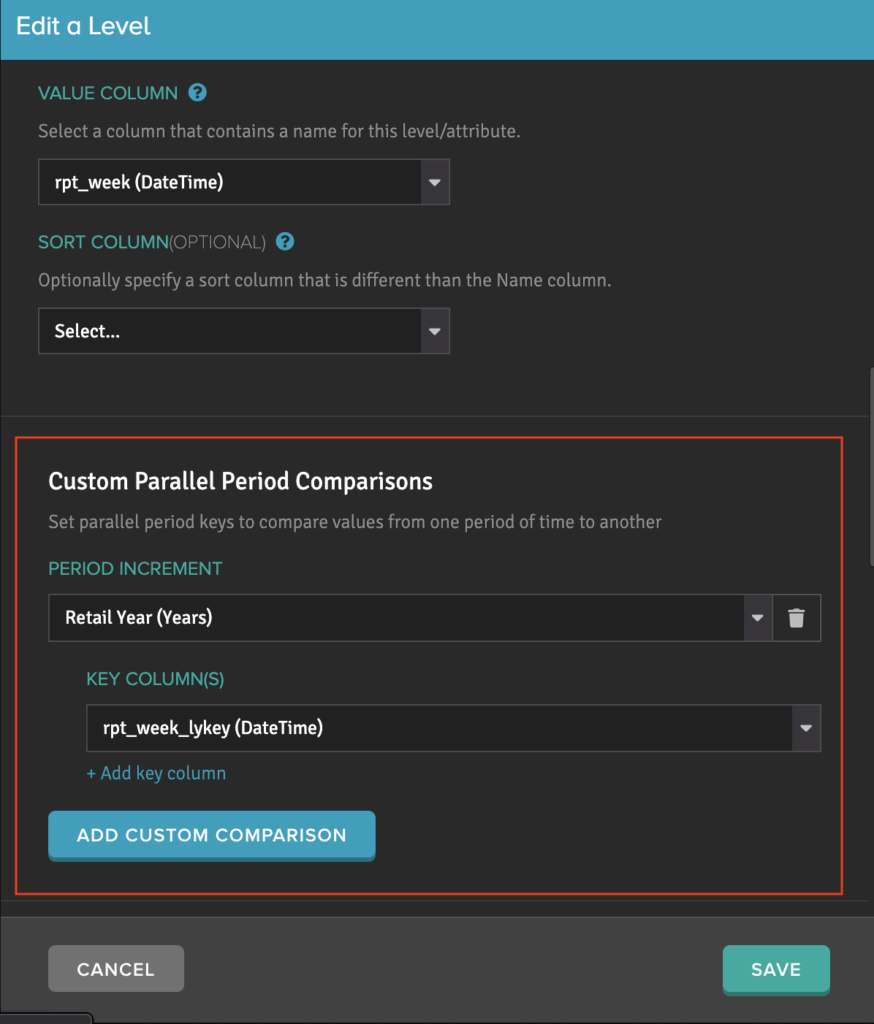 Figure 3. Configuring the Week Level with a Custom Year-over-Year comparison key.